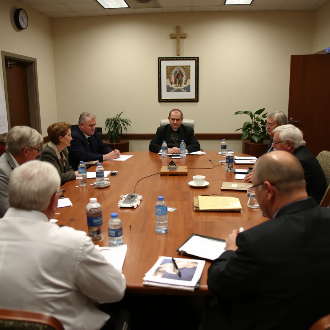 A Catholic parish priest meets with parish council members to discuss a custom sacred art project for their church