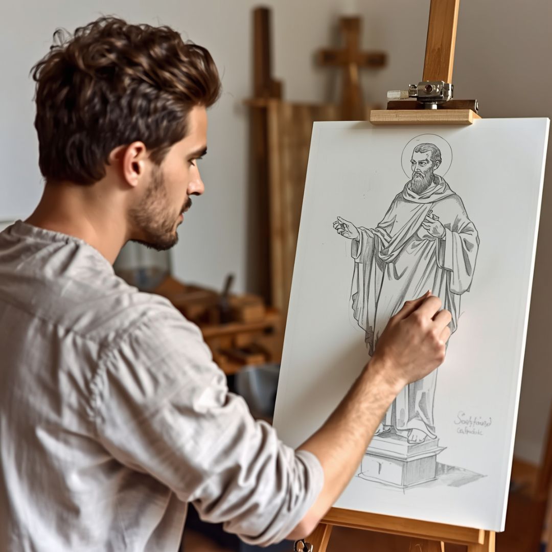 A sacred artist creates an original concept sketch for a custom Catholic saint sculpture commission