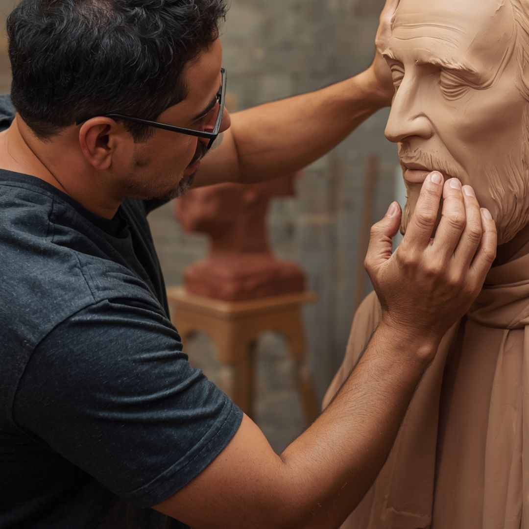 A sacred sculptor carefully shapes the face of Saint Jude during the creation of a custom Catholic bronze sculpture