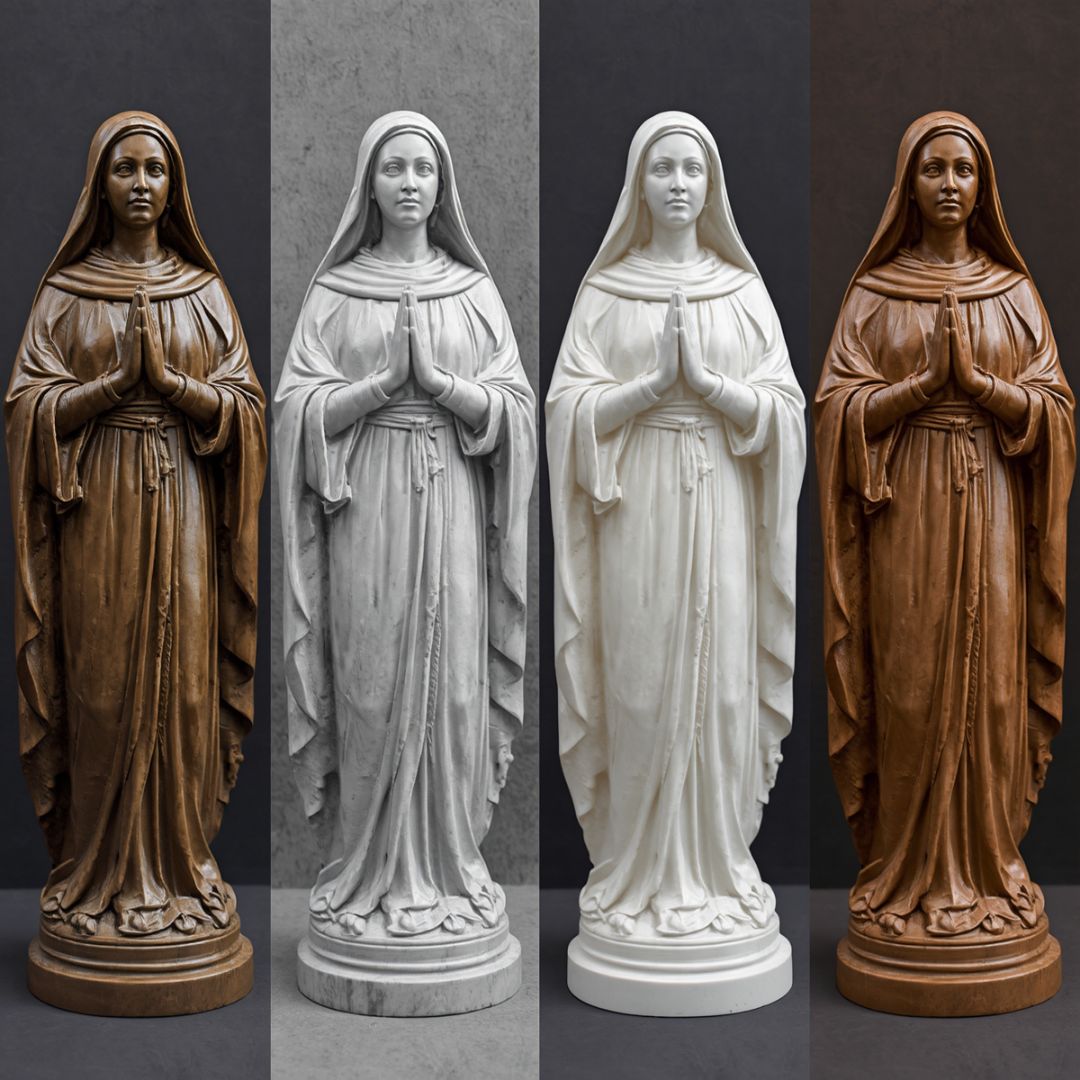 The same Virgin Mary sculpture shown in bronze, marble, resin stone, and carved wood to demonstrate custom statue material options