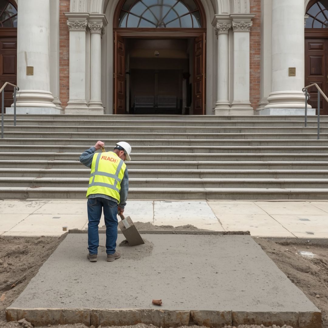 A construction worker prepares a concrete foundation outside a Catholic church for the installation of a custom sacred sculpture