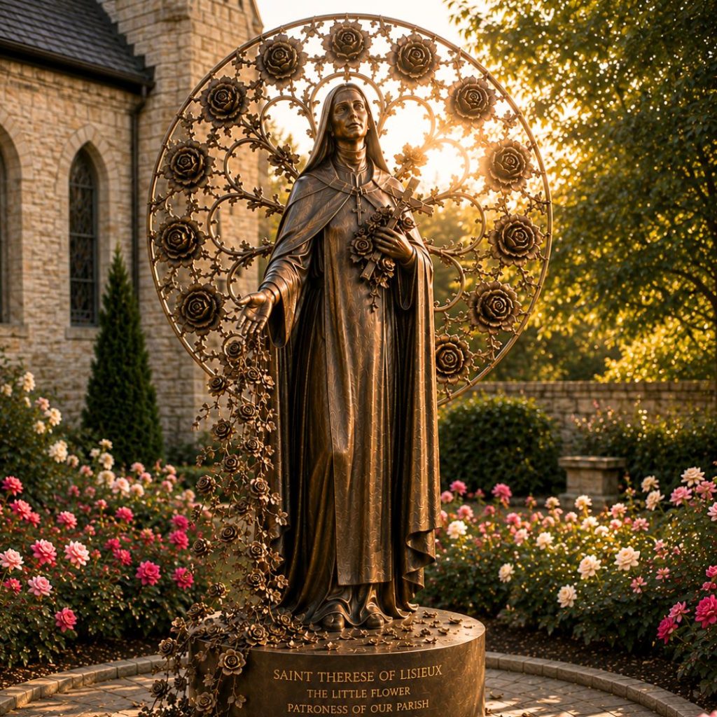 A Shower of Roses Saint Thérèse sculpture by Indweller Artistic surrounded by a rose garden and devotional landscape.