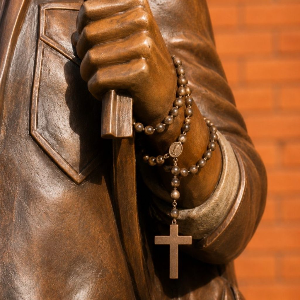 Bronze rosary wrapped around Carlo Acutis wrist on the Highway to Heaven monument.