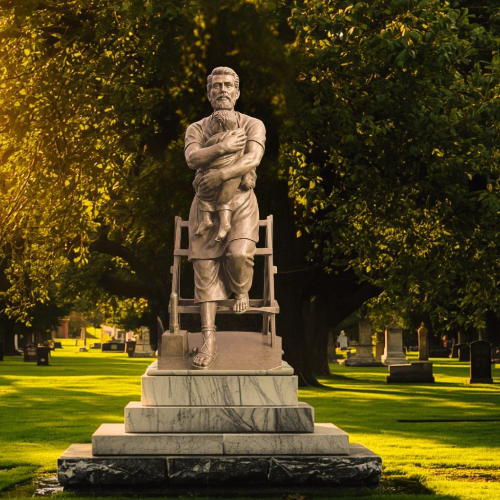 Bronze Catholic memorial sculpture depicting Saint Joseph carrying the Christ Child in a cemetery setting.