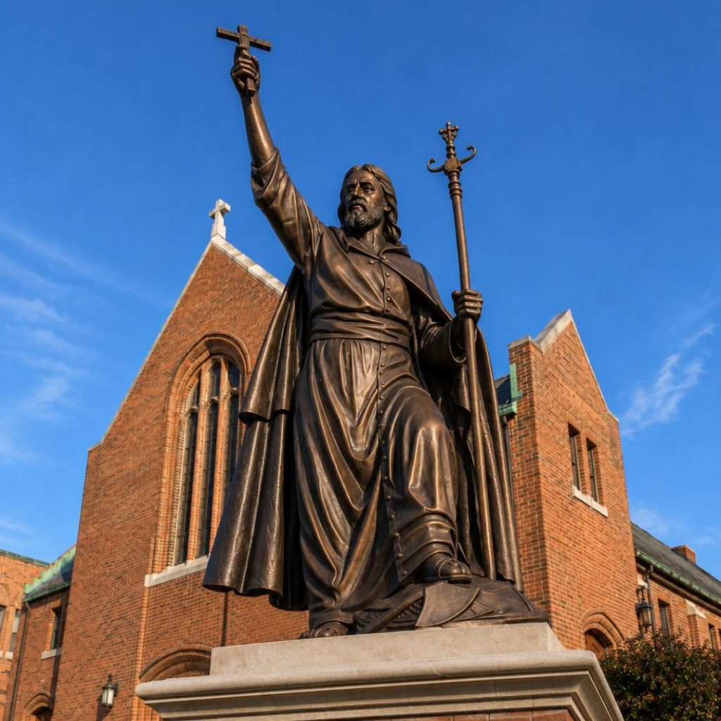 Custom bronze statue of Saint Josephat installed at Saint Josephat Catholic Church in Buffalo, New York, featuring an original design by Indweller Artistic.