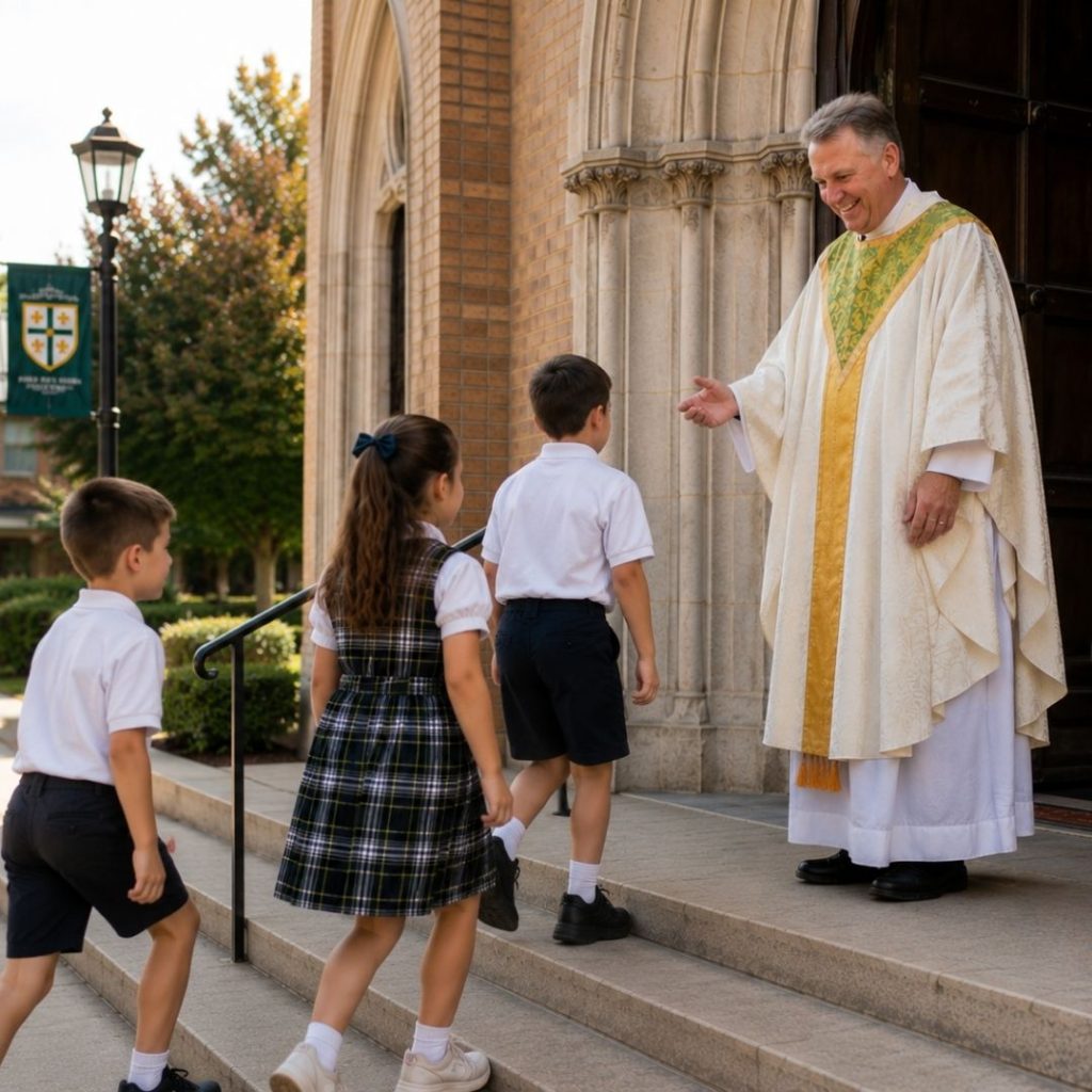 Father Bry Shields welcomes St. Ignatius students as they enter the church for Mass.