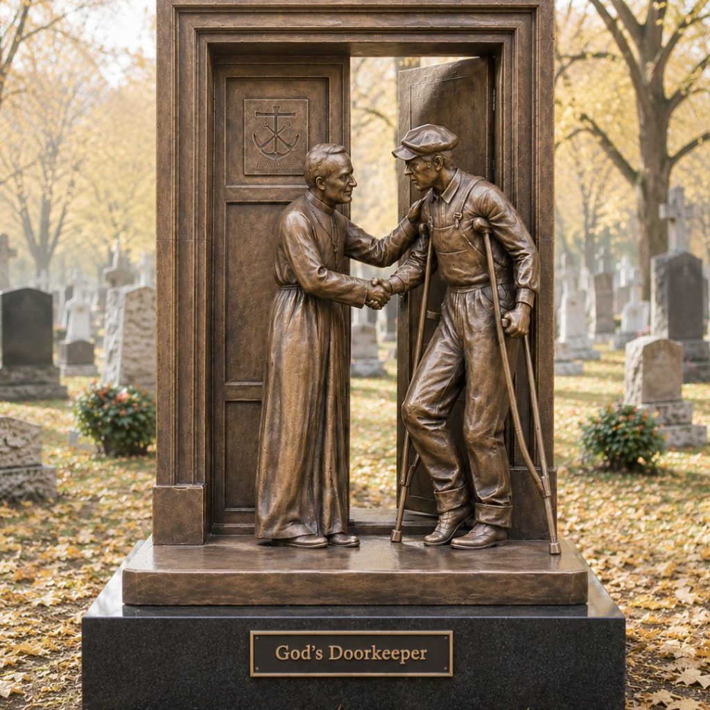 Bronze sculpture of Saint André Bessette welcoming a man through a symbolic doorway.