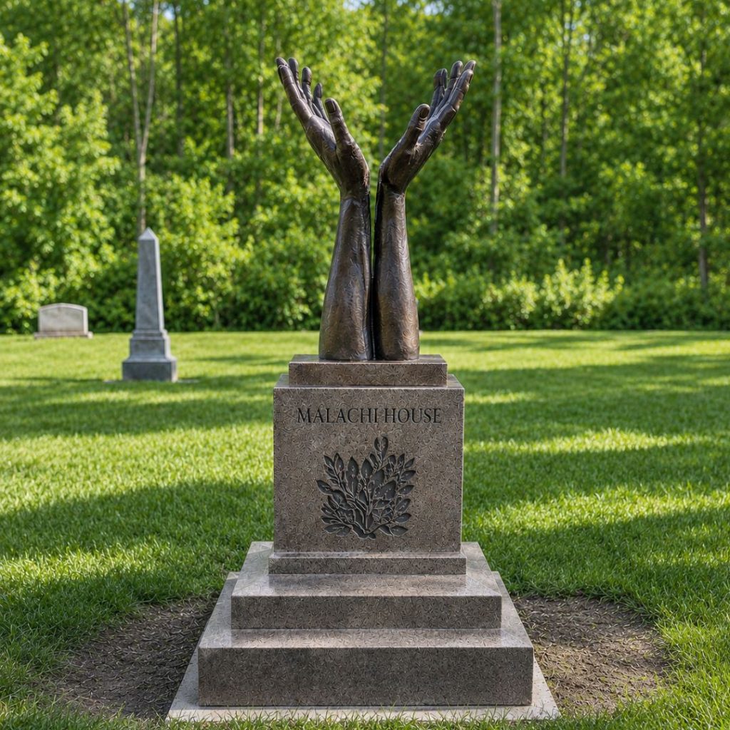 Hands of Hope memorial sculpture by Indweller Artistic installed within a landscaped memorial garden.
