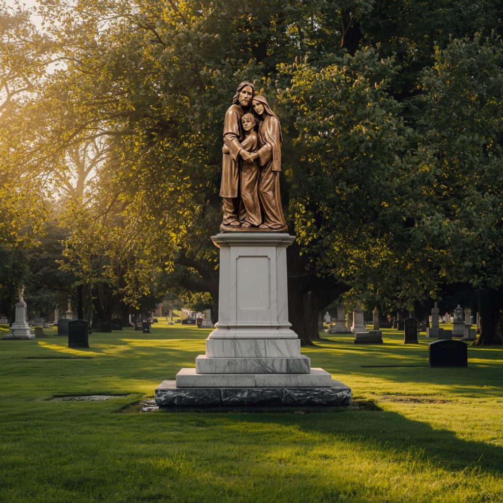 The Heart of the Family Holy Family sculpture by Indweller Artistic displayed on a pedestal in a Catholic cemetery.