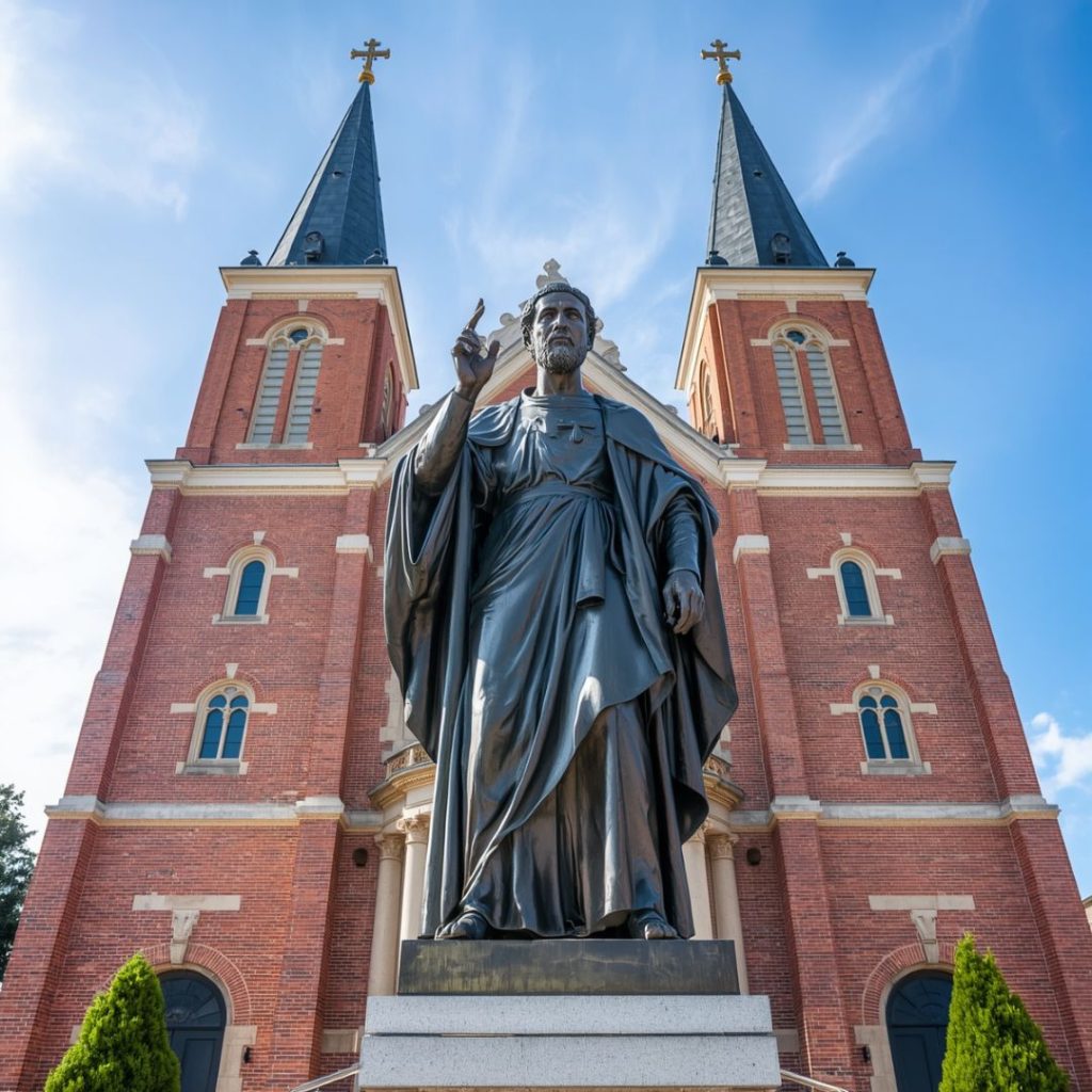 A life-size bronze statue of Saint Peter installed outside a Catholic church entrance.