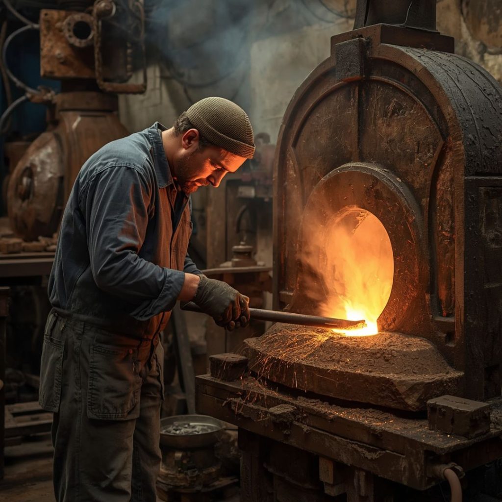 A foundry worker operates a kiln during the lost wax casting process used to create custom bronze religious sculpture.