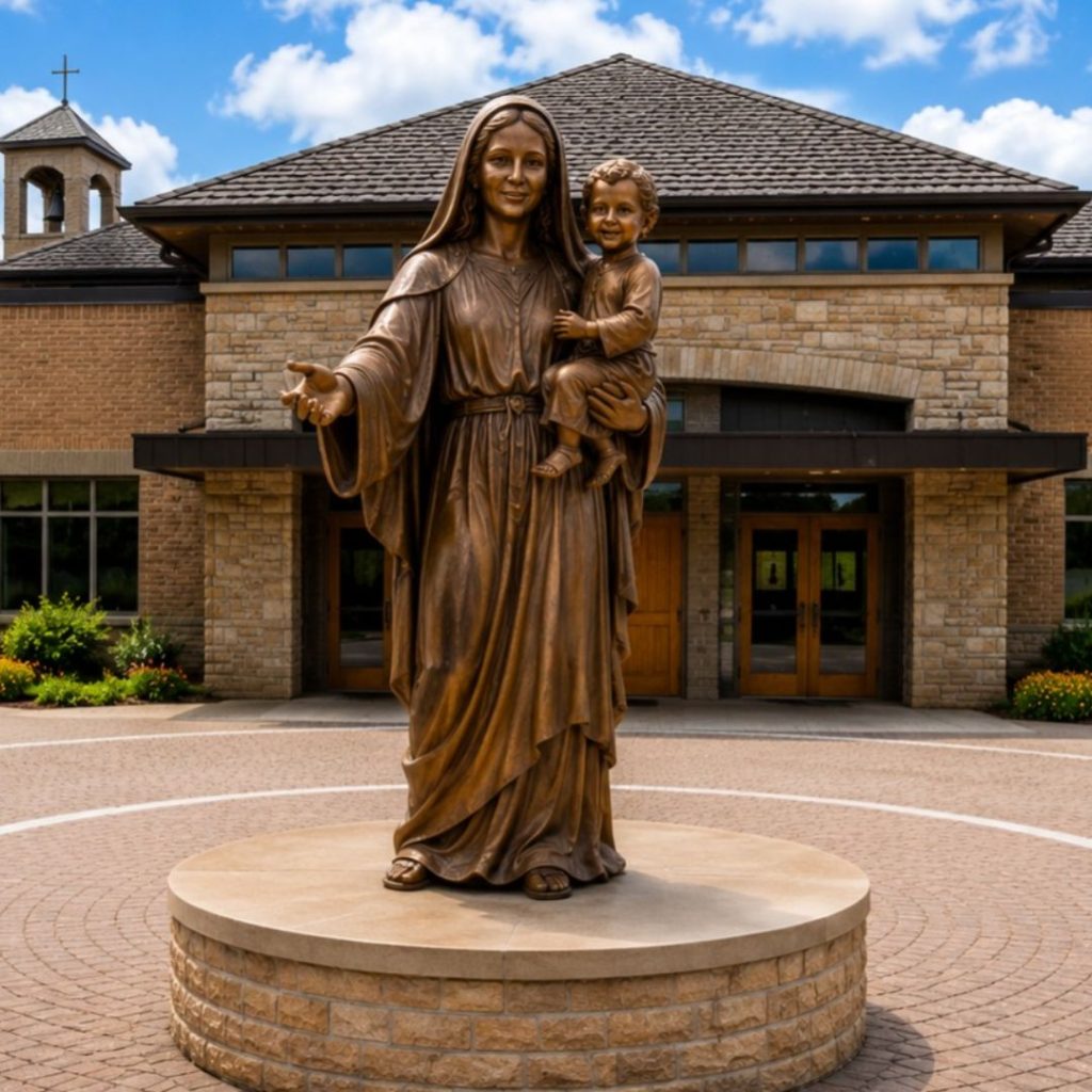 Love at First Sight Madonna and Child sculpture by Indweller Artistic installed at the entrance of a Catholic church.
