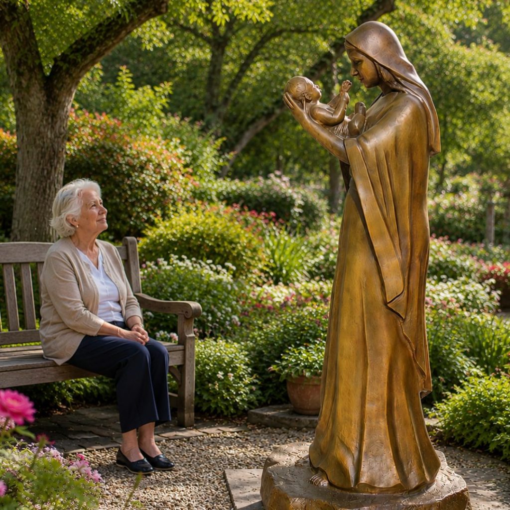 Parishioner praying before Love at First Sight Madonna and Child sculpture in a Marian shrine.