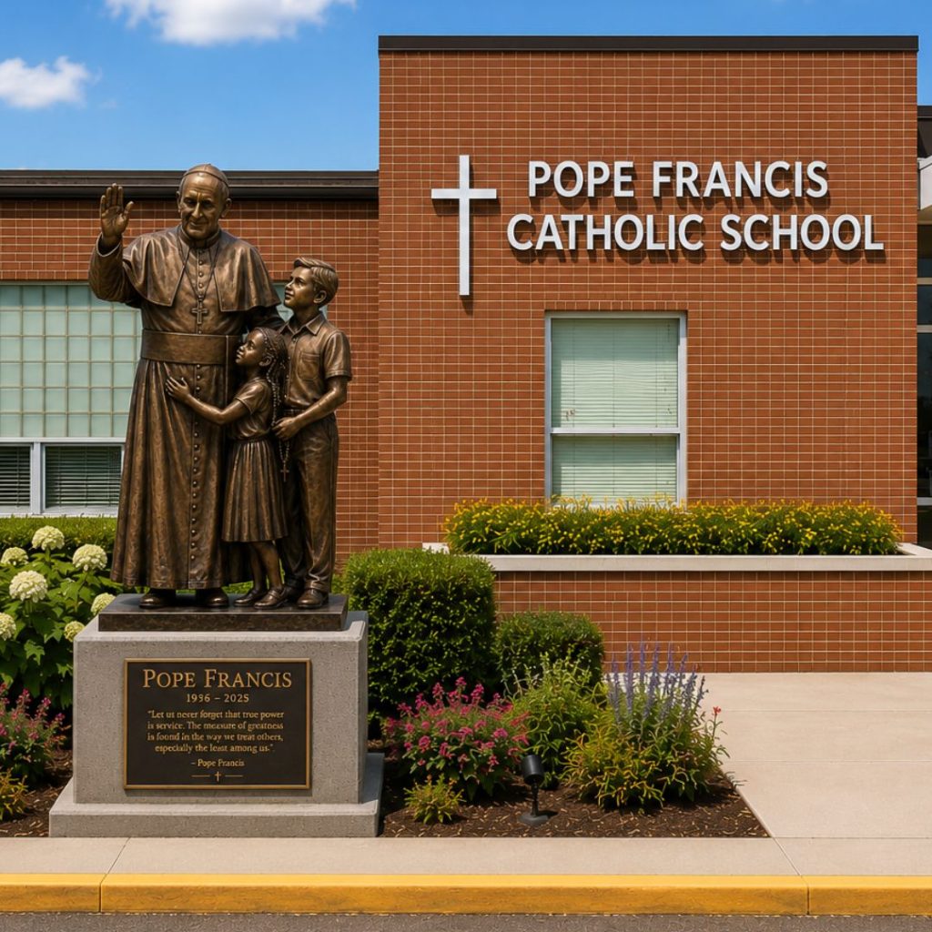 Pope Francis sculpture by Indweller Artistic displayed at the entrance of a Catholic school campus.