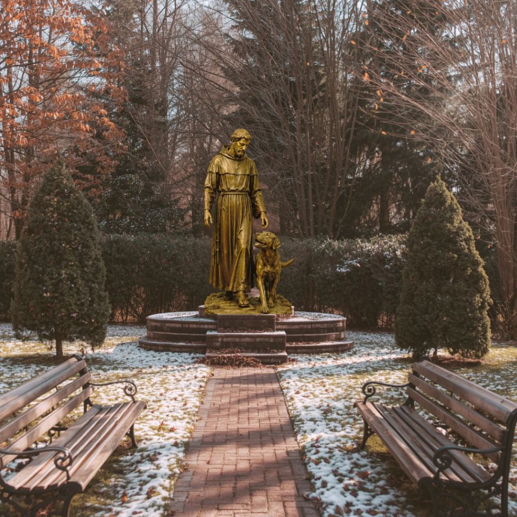 Bronze sculpture of Saint Francis of Assisi walking with a dog in a landscaped memorial garden.
