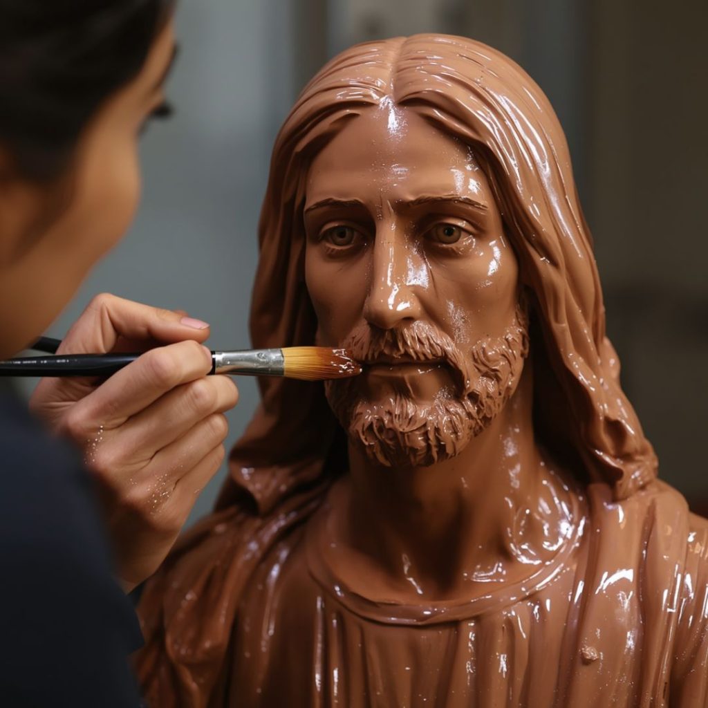 An artist applies liquid silicone to a sculpture while creating a mold for a custom bronze religious statue.