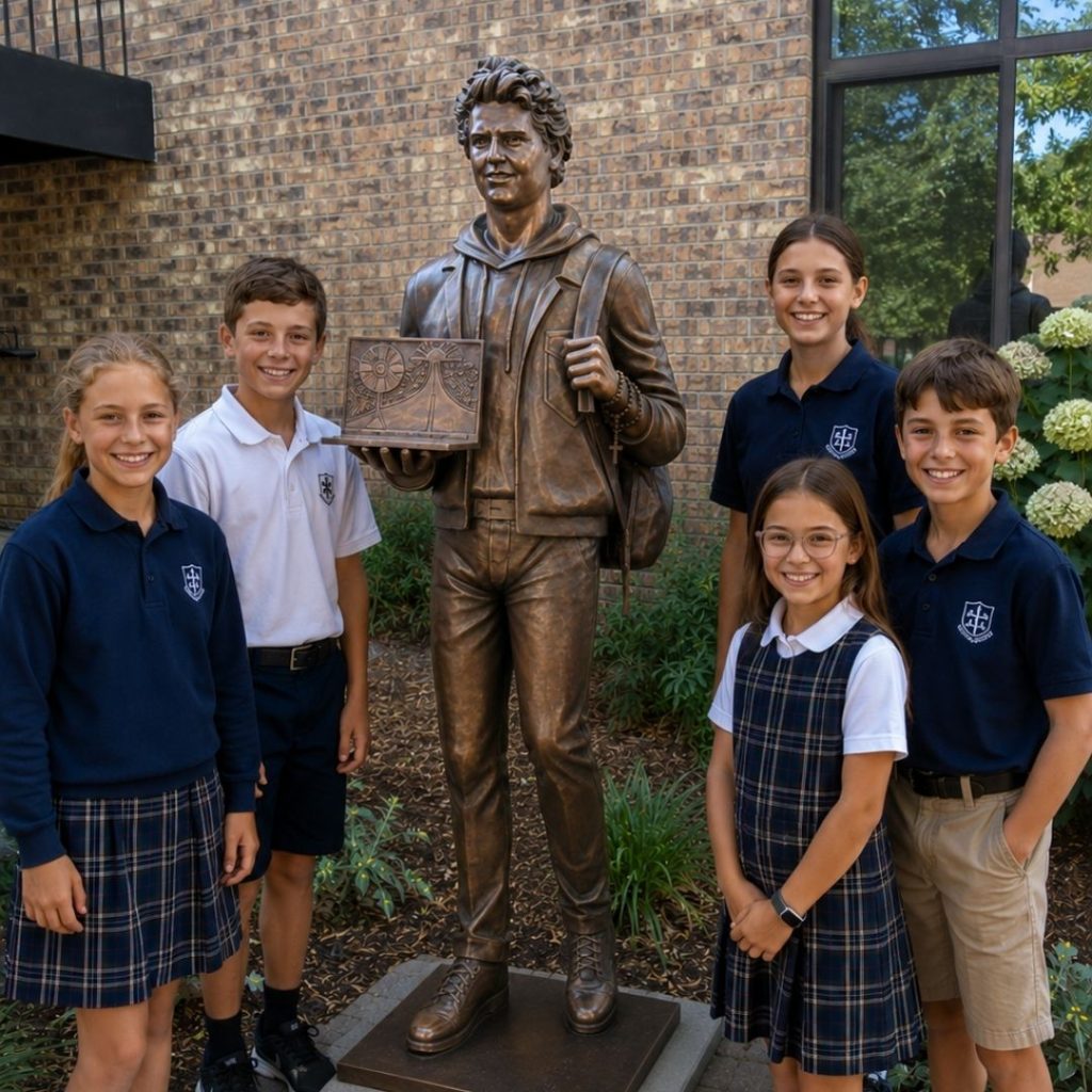 Students gathered around the Carlo Acutis statue at St. Ignatius Parish School.