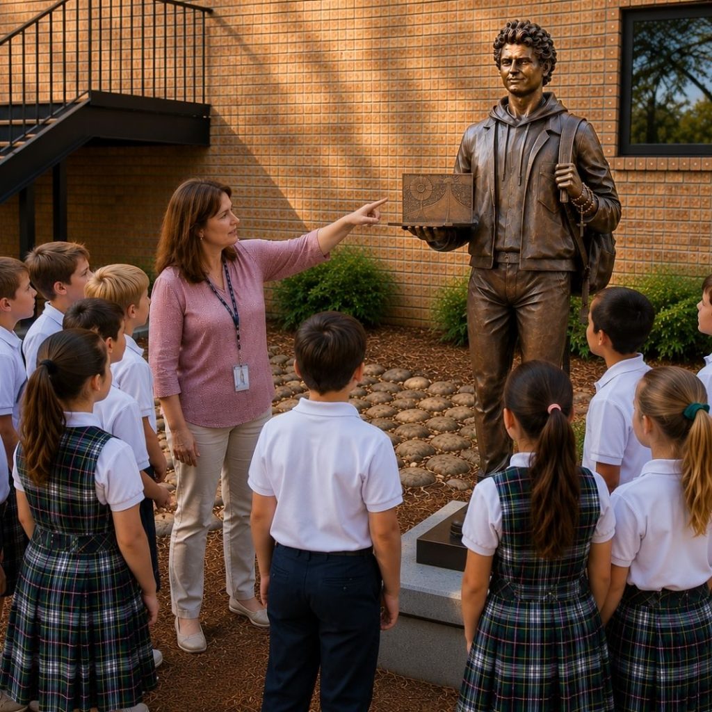 Teacher explaining the Carlo Acutis monument to fifth-grade students at St. Ignatius Parish School.