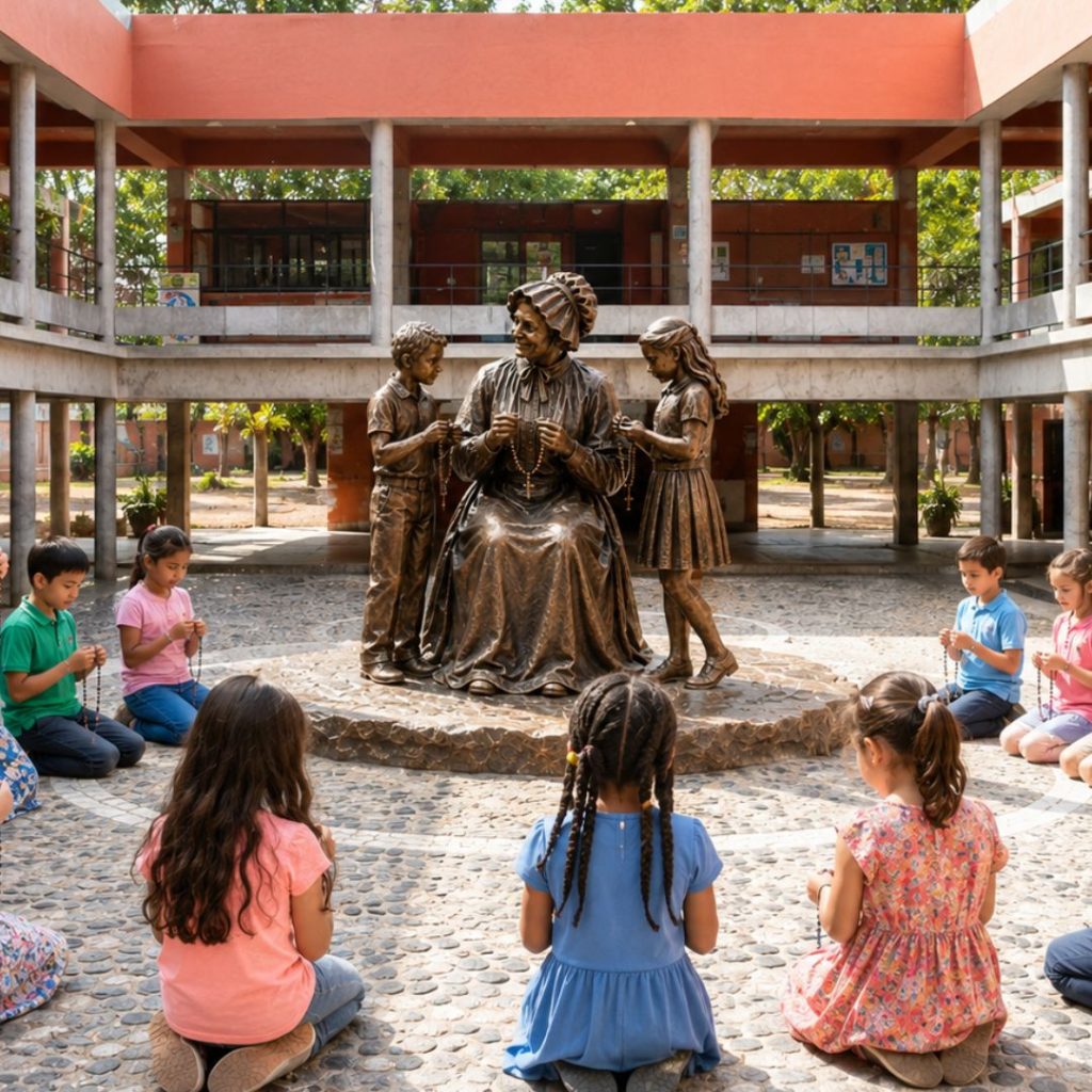 Teaching the Faith sculpture by Indweller Artistic showing Saint Elizabeth Ann Seton teaching children.
