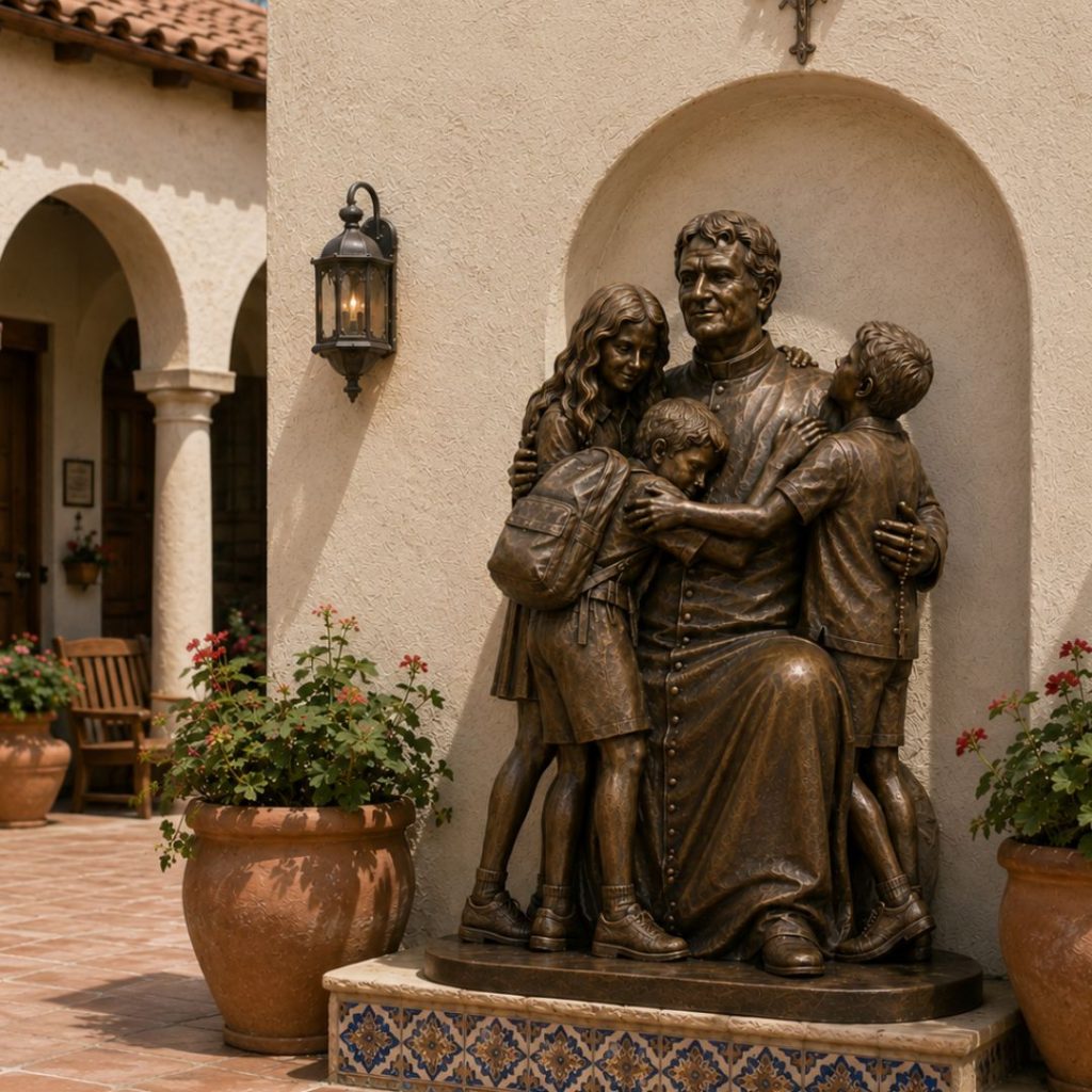 Saint John Bosco sculpture by Indweller Artistic installed within a church courtyard.