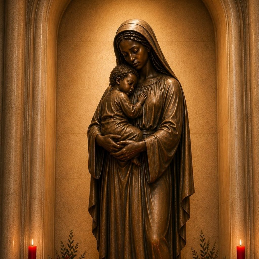 African American Madonna and Child sculpture at Catholic school prayer garden