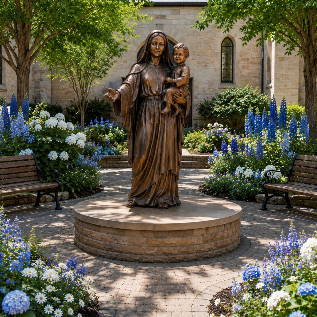 Marian prayer garden with blue and white flowers surrounding a Madonna and Child sculpture