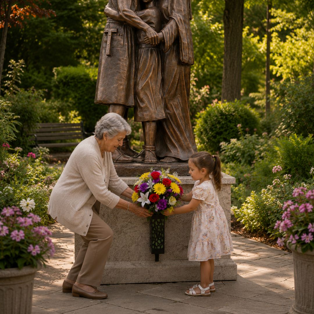 Grandmother and granddaughter placing flowers at a Marian shrine in a Catholic prayer garden