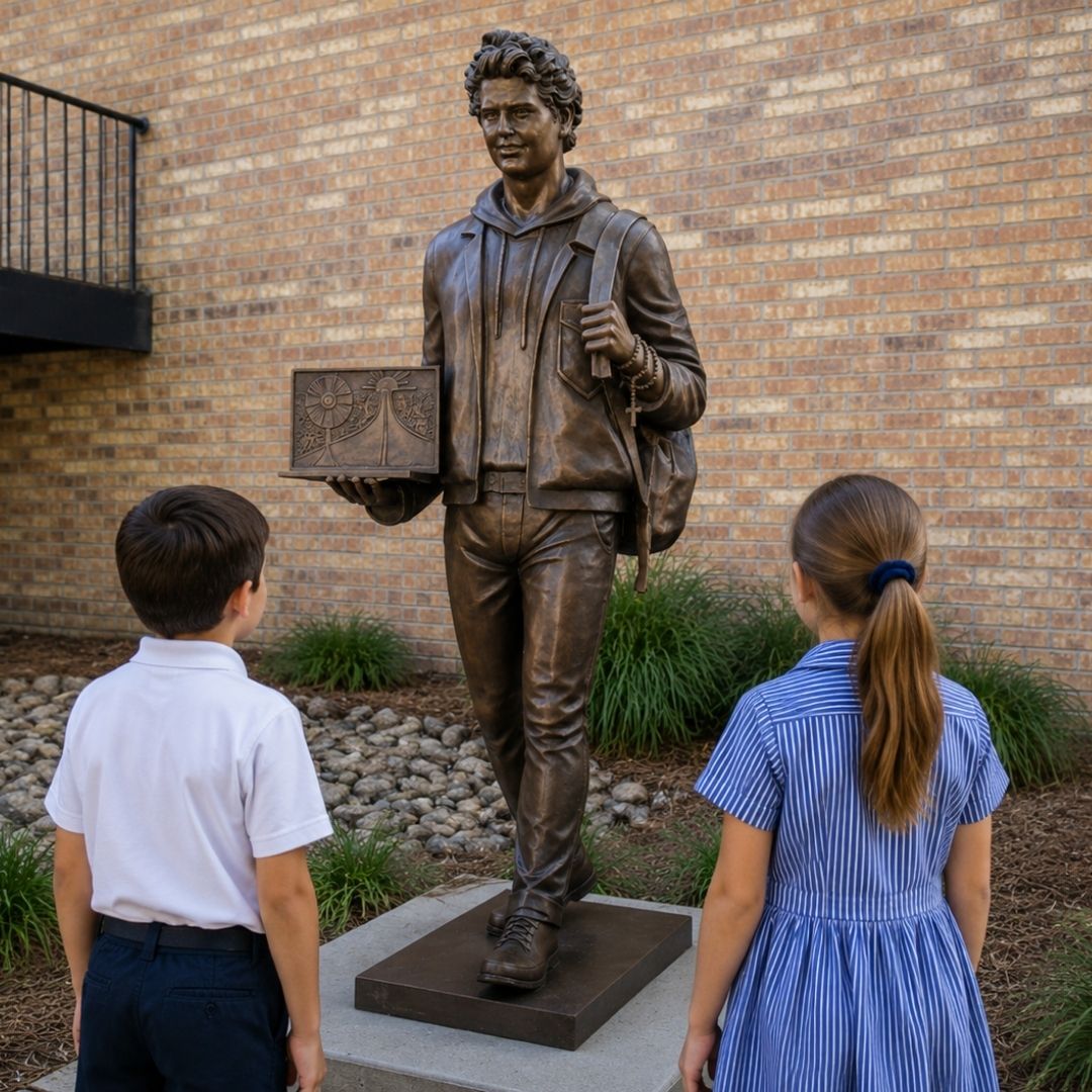 Saint Carlo Acutis sculpture on a Catholic school campus