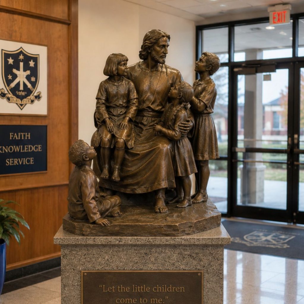 Jesus welcoming children on a Catholic school campus