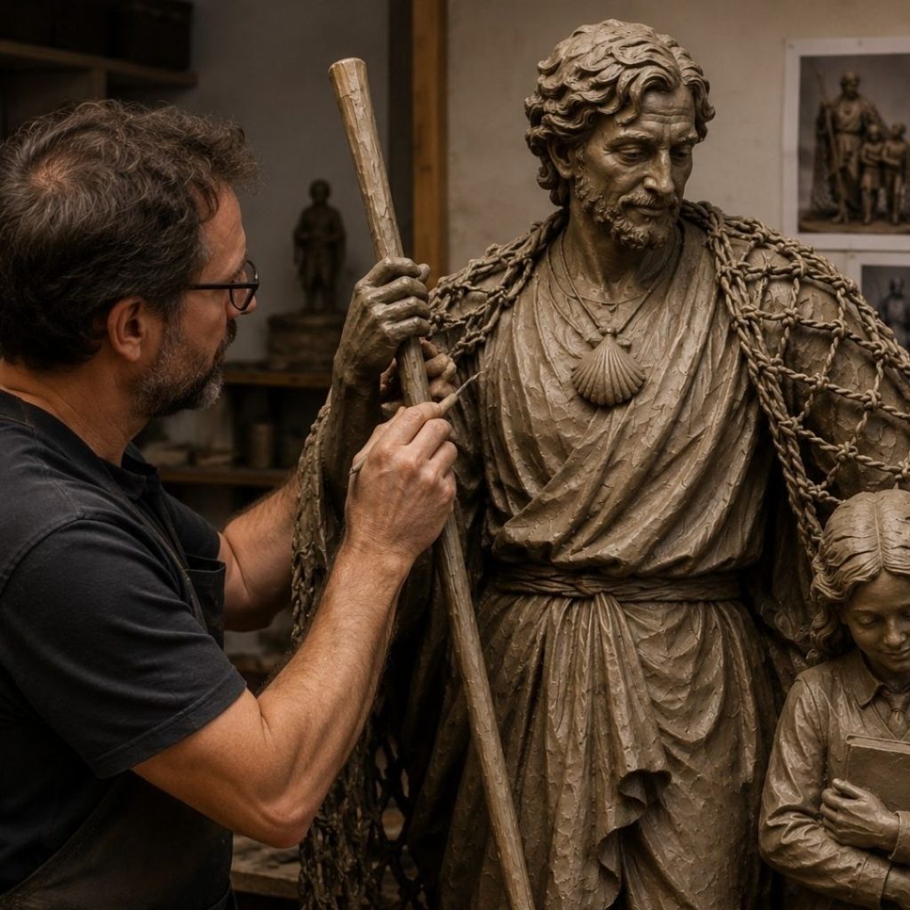 Sculptor refining a clay model during the custom church statue design process.