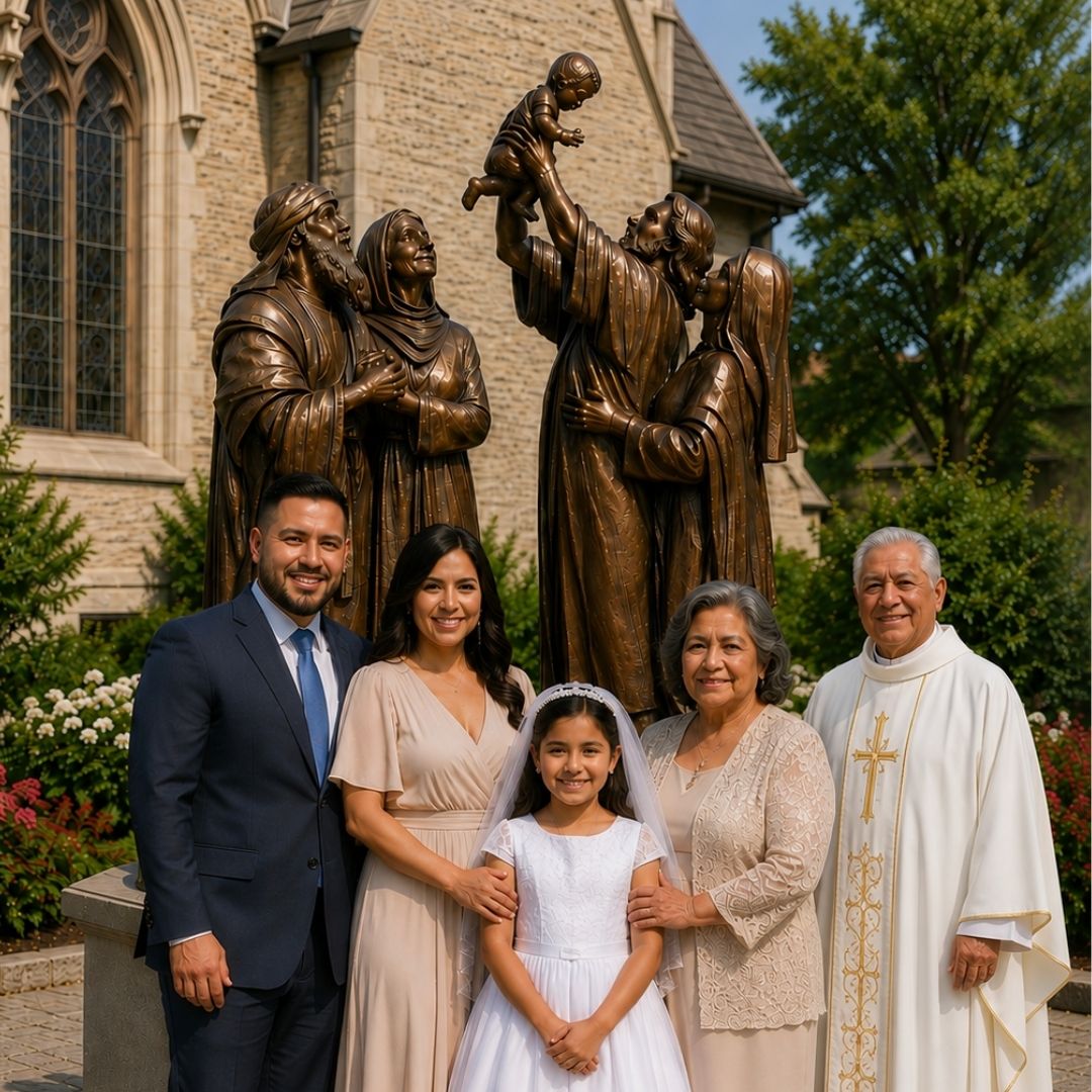 Family posing for a First Communion photograph beside a church prayer garden sculpture
