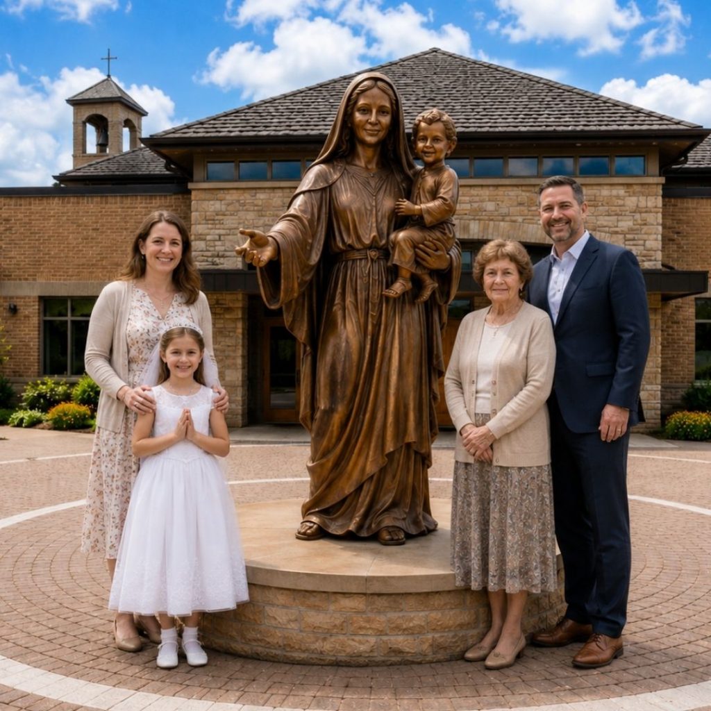Families gathered around a sculpture called To Jesus through Mary by Indweller Artistic.