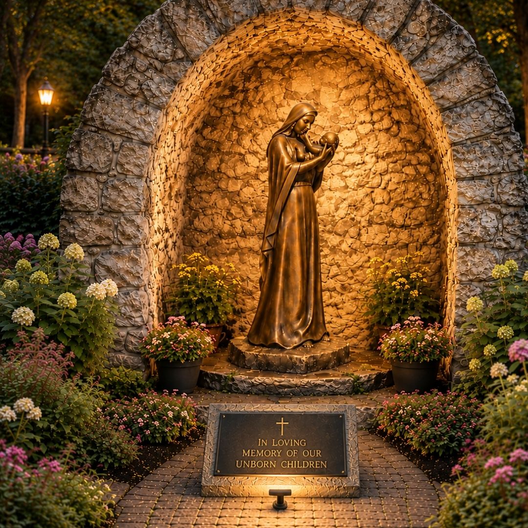 Illuminated Marian grotto in a Catholic prayer garden at dusk