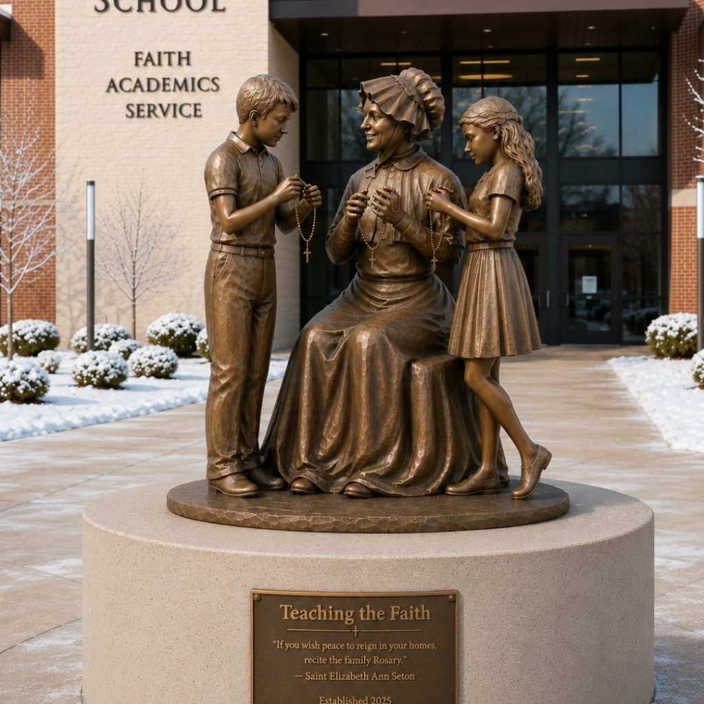 Saint Elizabeth Ann Seton sculpture with school children