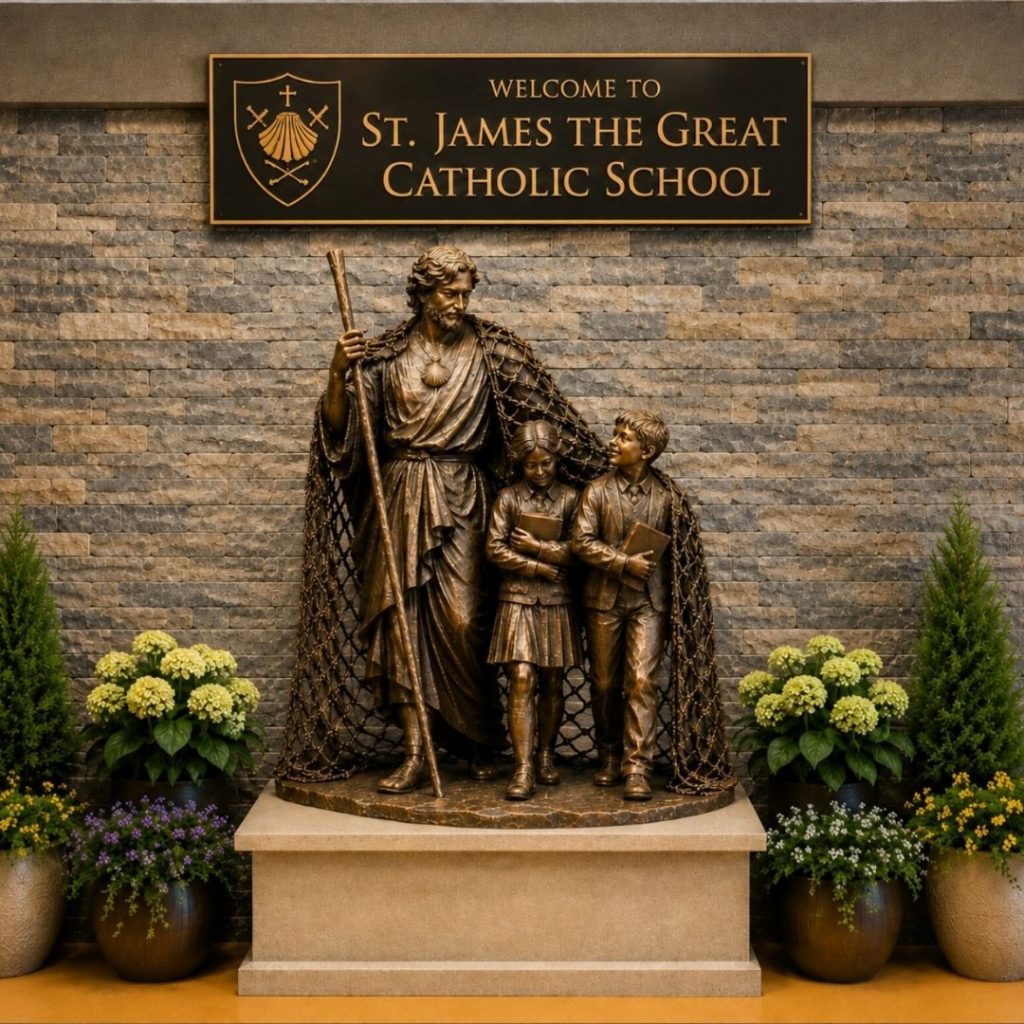 Saint James sculpture teaching the role of patron saints in Catholic education