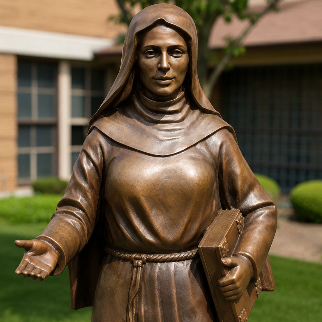 Custom bronze St. Clare of Assisi statue commissioned for the University of St. Francis, depicting the saint as founder, teacher, and spiritual leader.