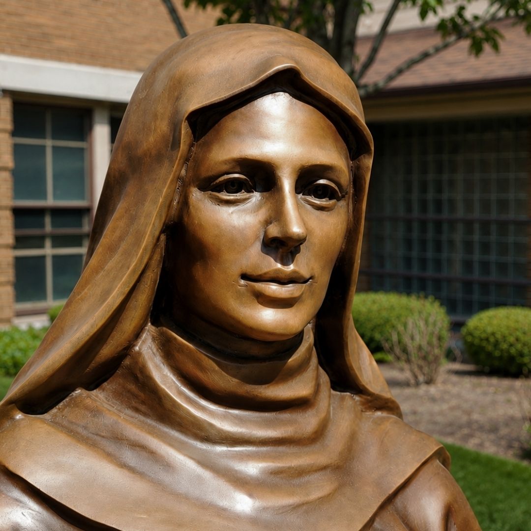 Close-up of the bronze face of the St. Clare of Assisi sculpture showing a peaceful, intelligent, and confident expression.