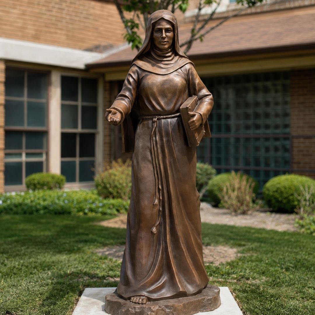 Full view of a custom St. Clare of Assisi bronze statue installed outside Guardian Angel Hall at the University of St. Francis.