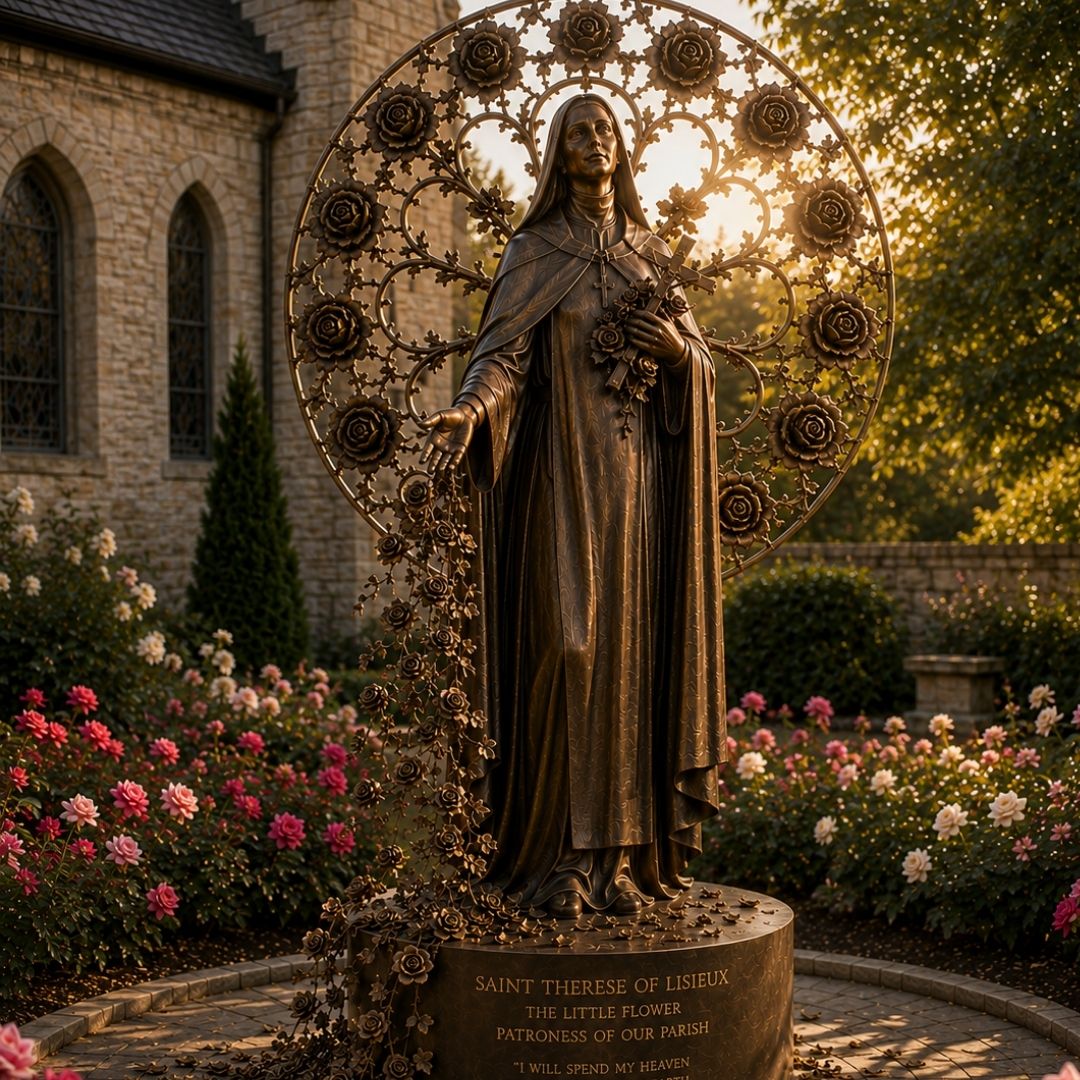 Saint Therese prayer garden illuminated by the setting sun behind a rose halo sculpture