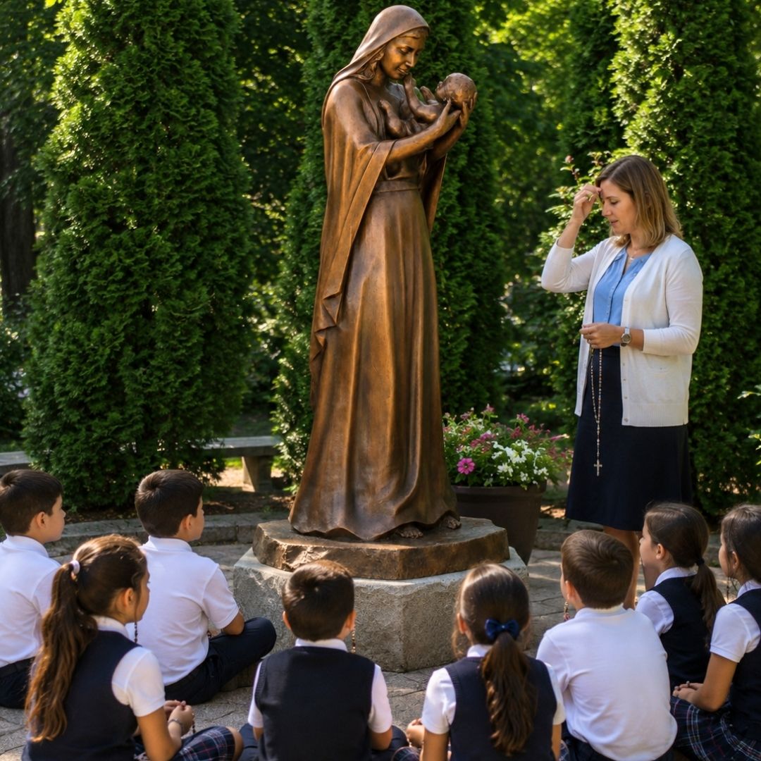 Catholic school teacher leading students in the Rosary within a prayer garden