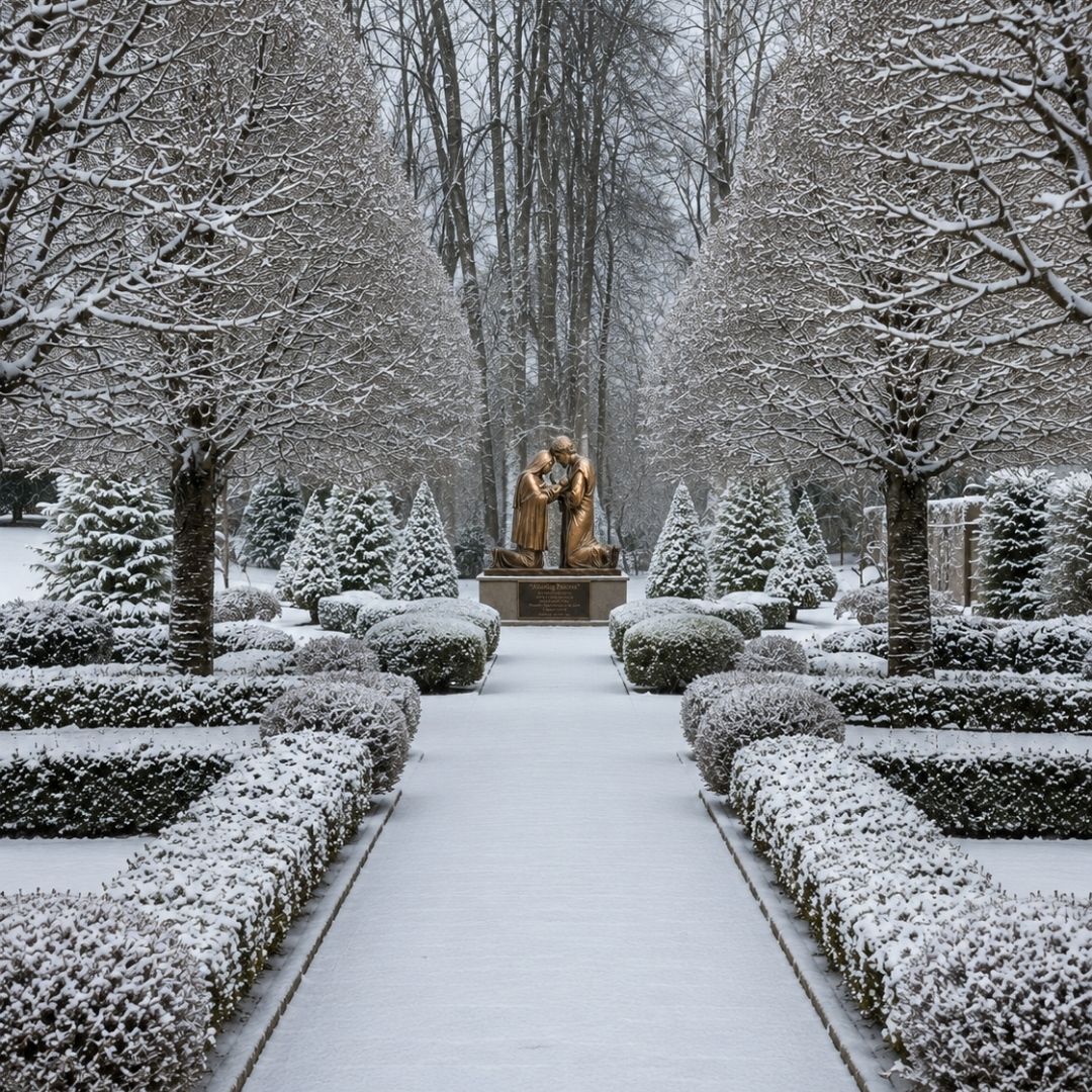 Catholic prayer garden in winter with a sculpture framed by symmetrical pathways and landscaping
