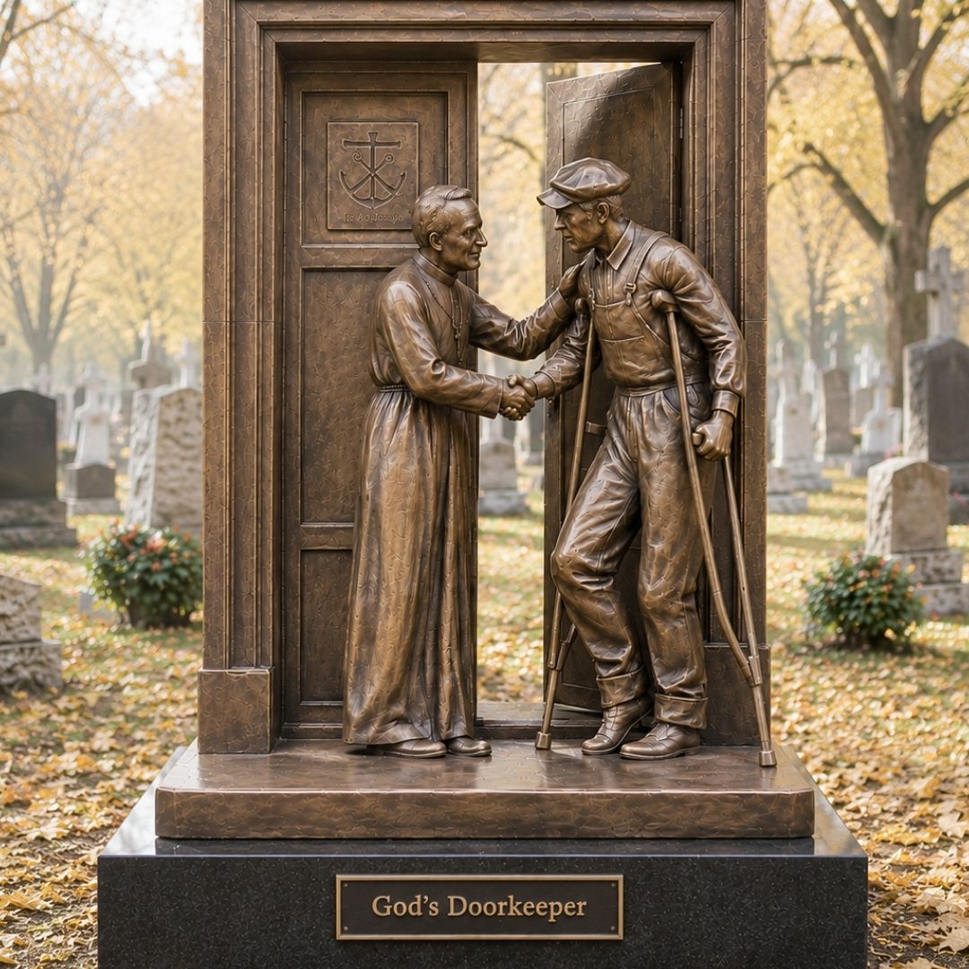 Brother André Bessette God's Doorkeeper sculpture at a Catholic cemetery entrance