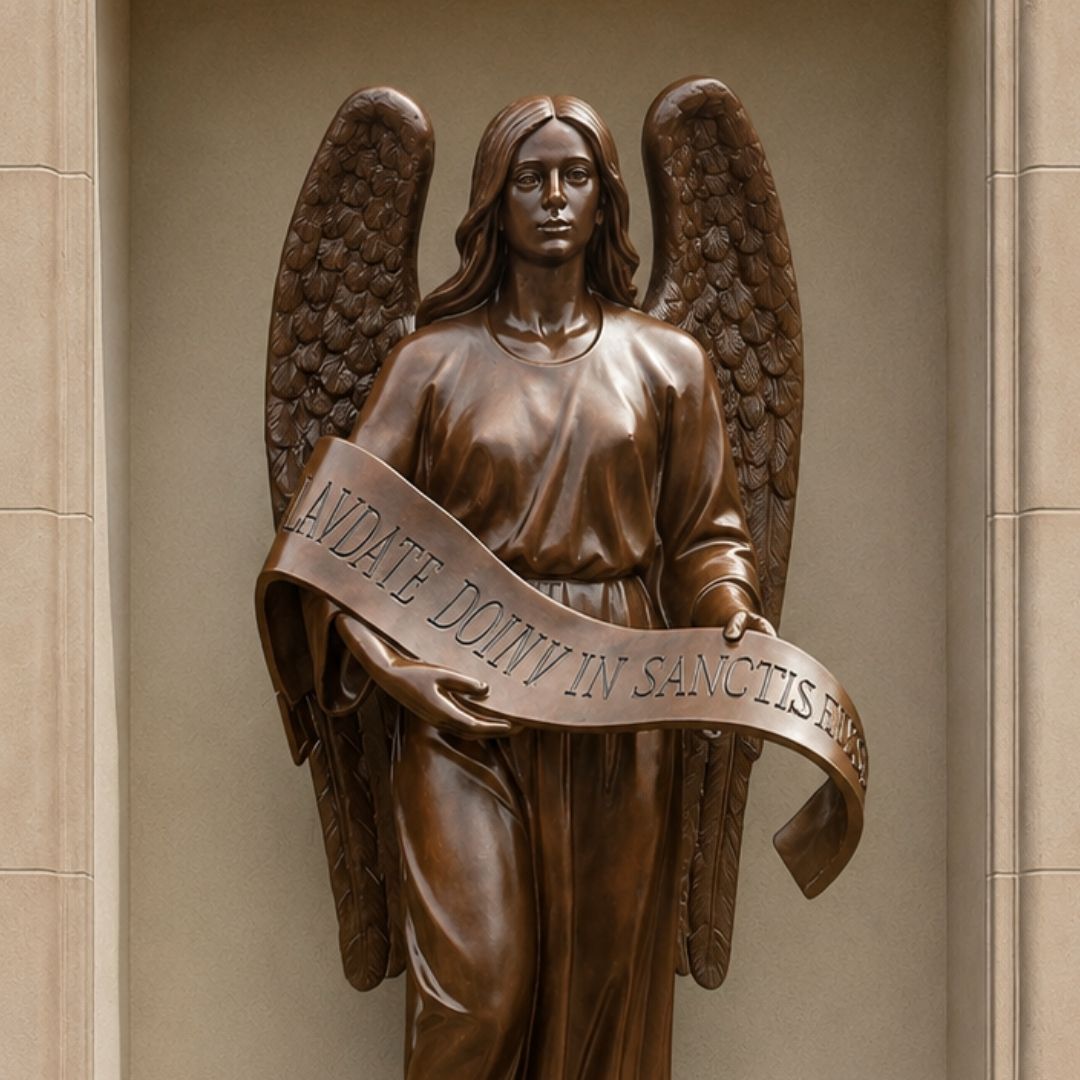 Catholic church entrance angel holding a Latin scroll calling visitors to praise the Lord