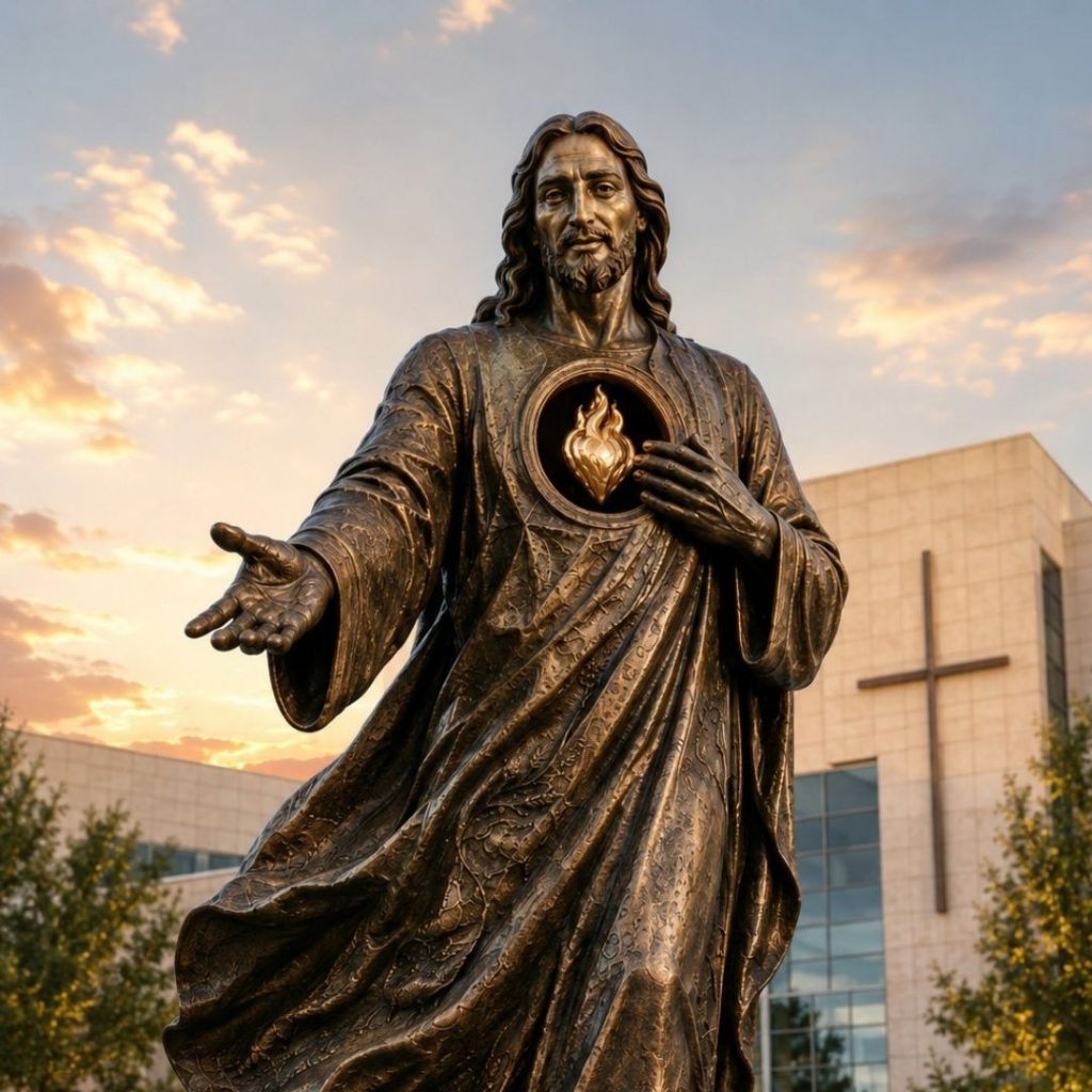 Sacred Heart of Jesus sculpture welcoming visitors at a Catholic church entrance