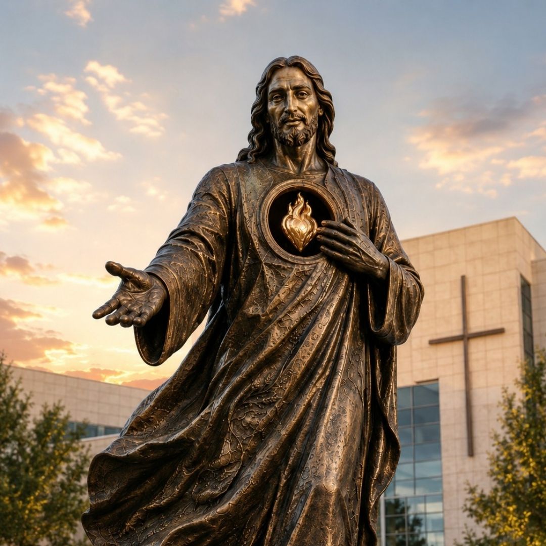 Sacred Heart of Jesus sculpture welcoming visitors at a Catholic church entrance