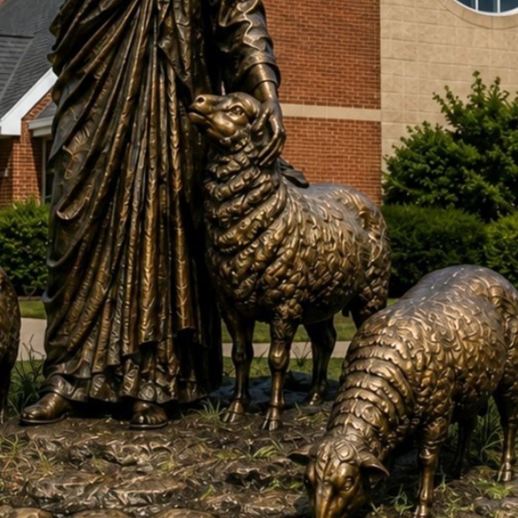 Christ resting His hand on a sheep in Good Shepherd Catholic sculpture