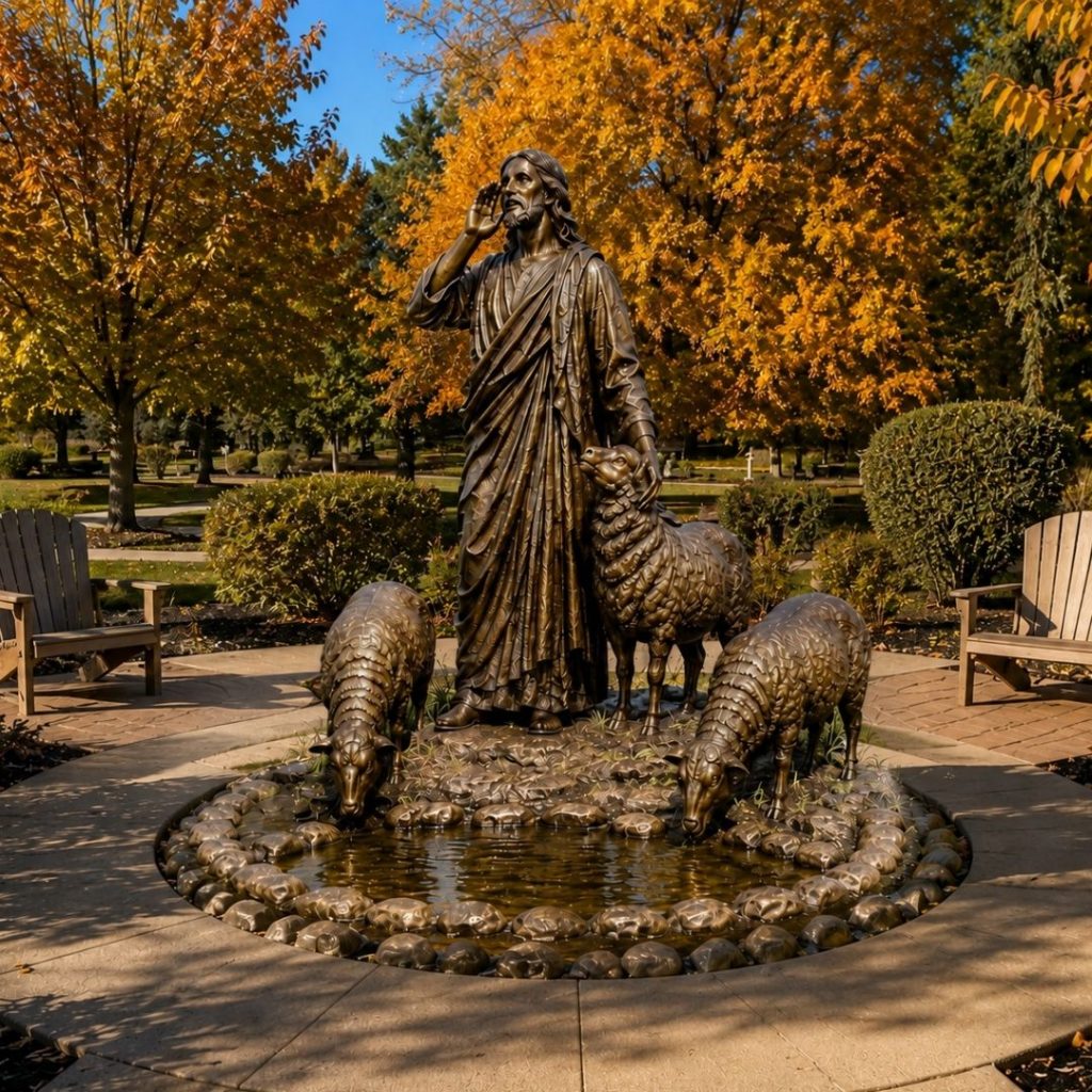 Pathway leading visitors toward Good Shepherd sculpture on Catholic church grounds