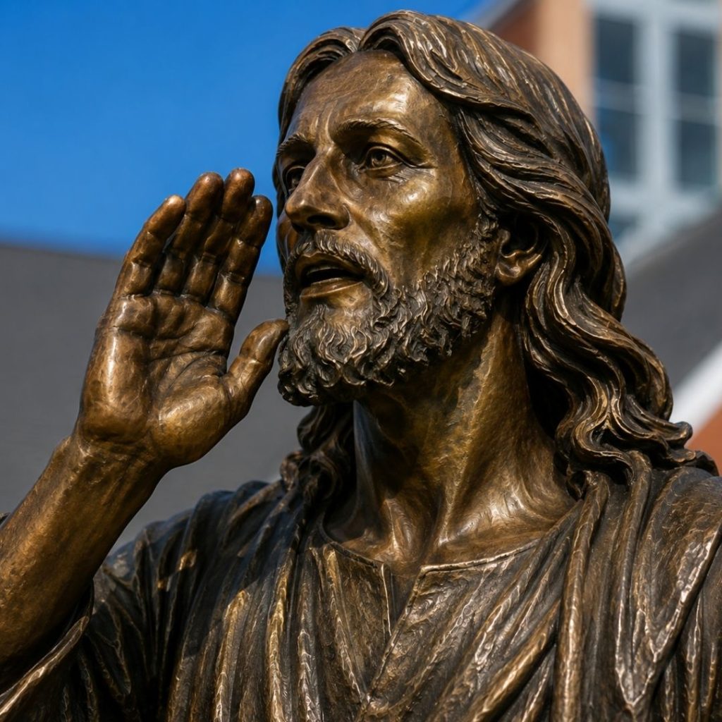 Jesus calling His sheep in My Sheep Know My Voice Good Shepherd bronze sculpture