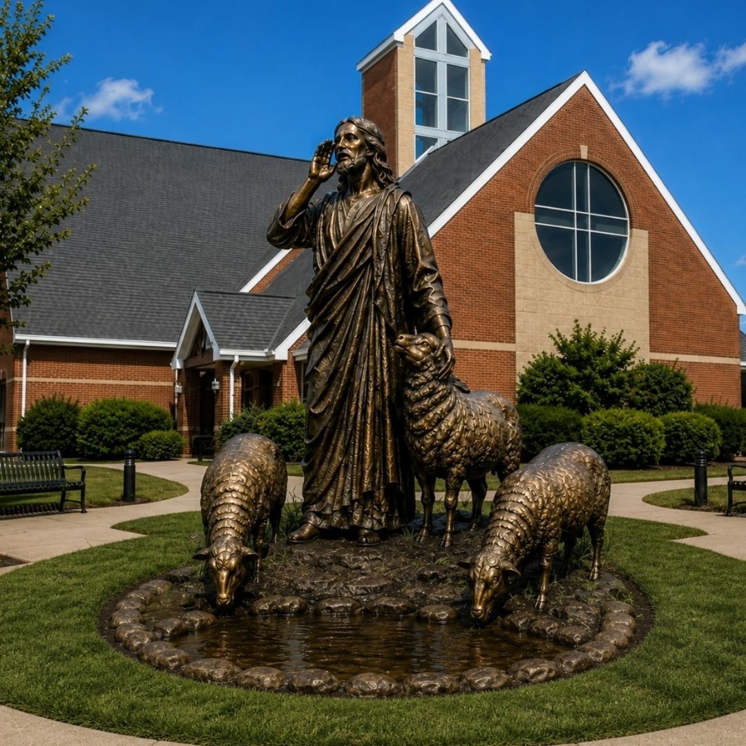 Good Shepherd bronze sculpture with sheep and pond in landscaped Catholic church prayer space