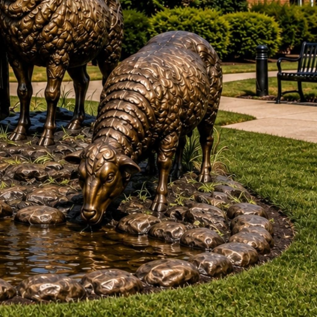 Bronze sheep beside pond in landscaped Good Shepherd Catholic sculpture installation
